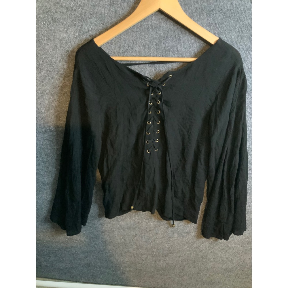 Ellie & Kate Black Lace Up Bell Sleeve Crinkle Gauze Goth Witchy Boho Too Sz M